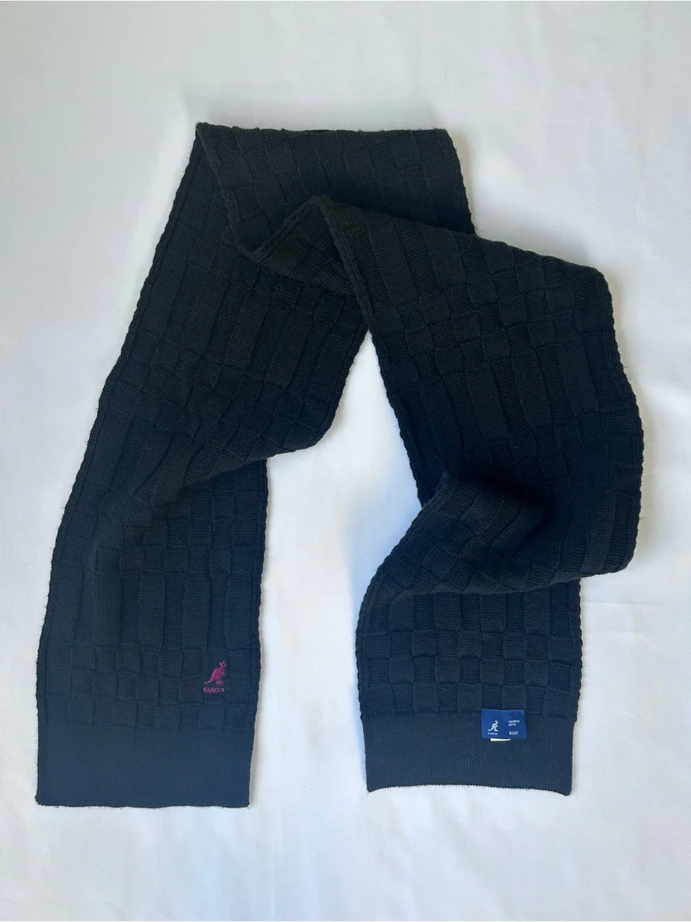 Kangol Black Knit Checker Scarf with Burgundy Logo